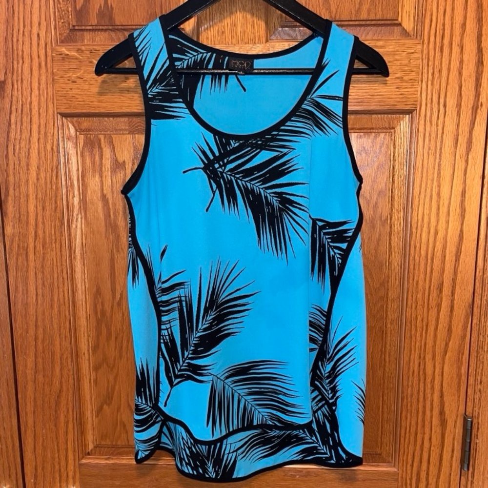 Modlusive Blue Tropical Palms Dressy Sleeveless Blouse Tank S Small